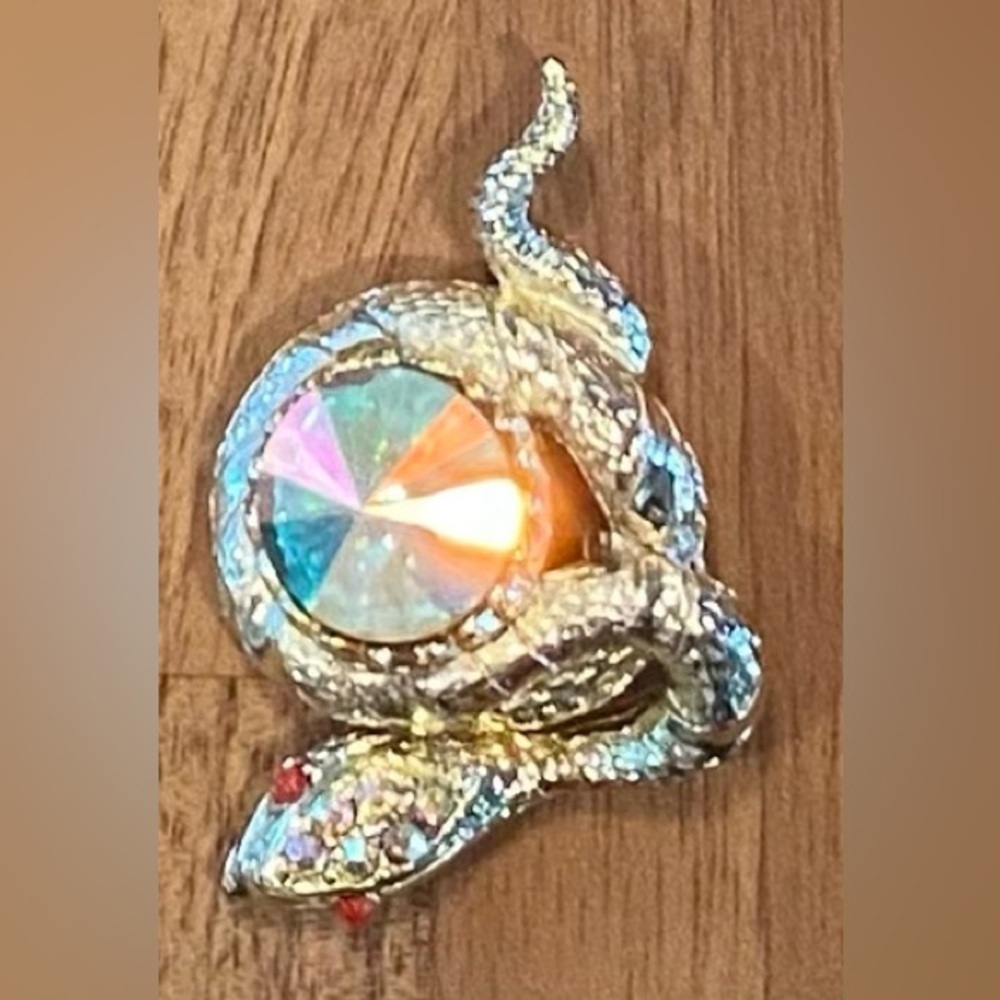 Snake Brooch Pin Gold Tone Coiled Vintage Aurora Borealis Rhinestone Center